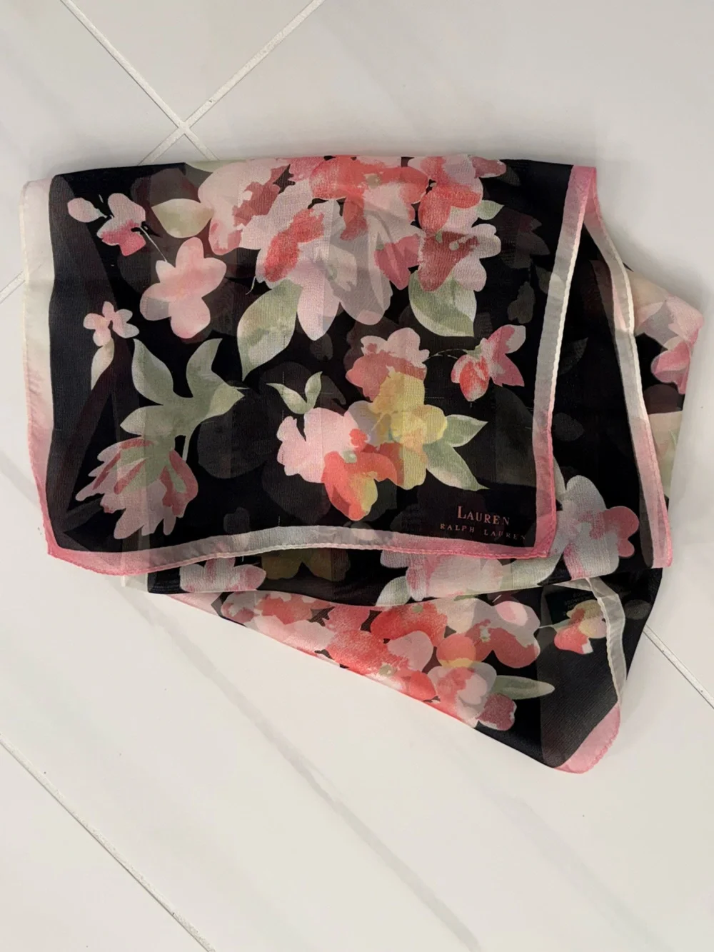 Lauren Ralph Lauren Floral Sheer Silk Scarf with Peach and Green Blooms